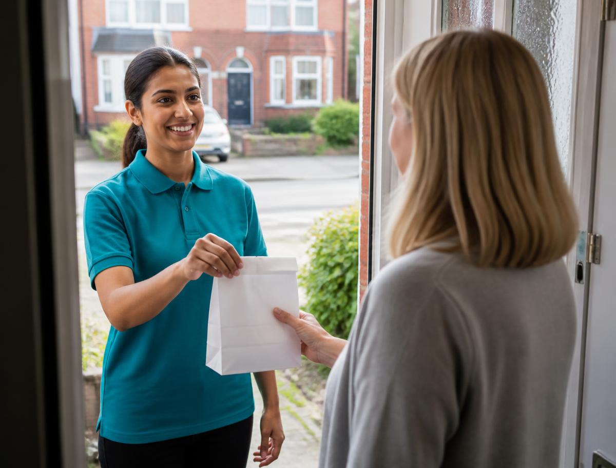 A Maybush Pharmacy team member handing a prescription bag to a customer at their front door in Southampton