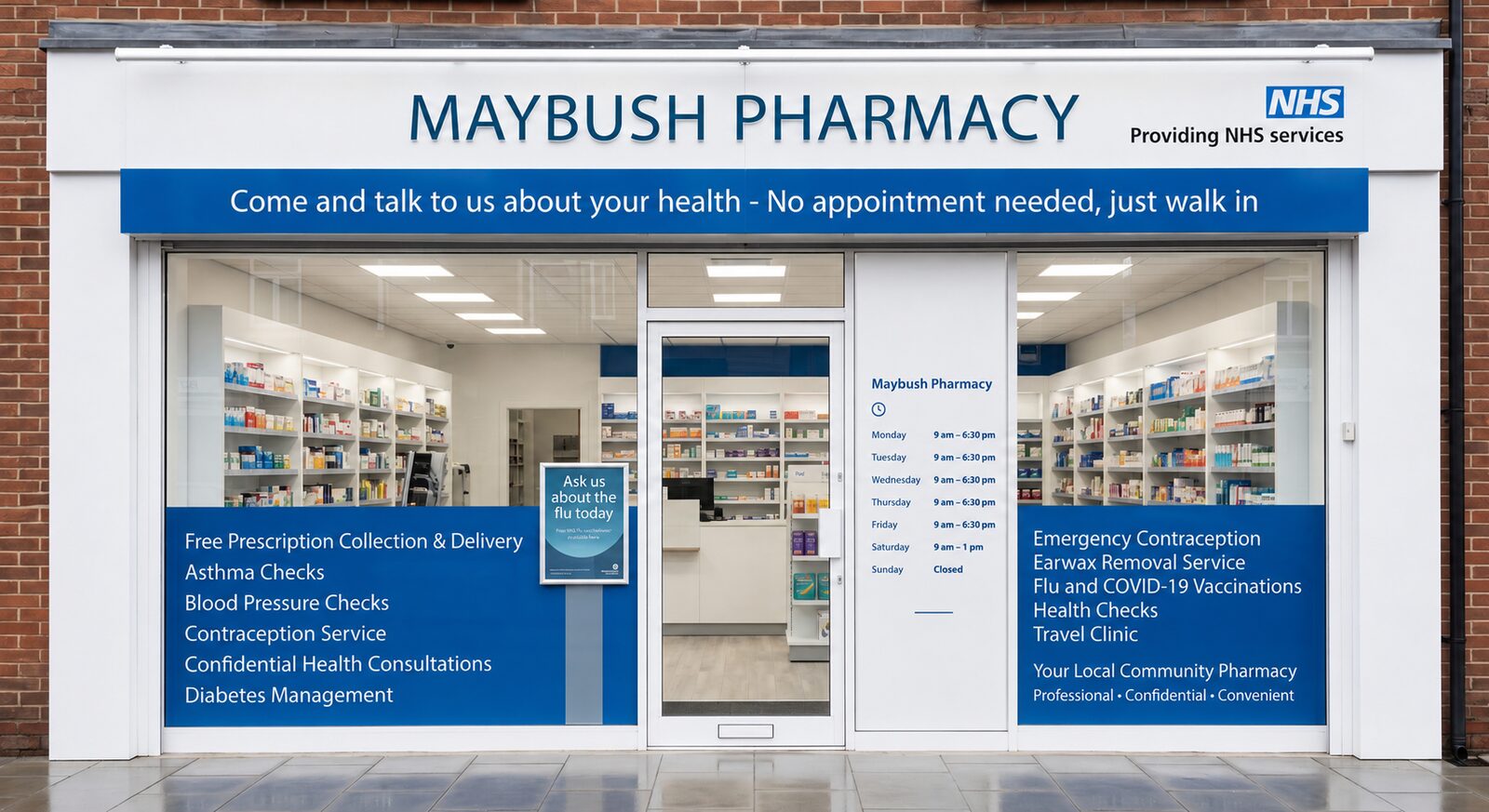 Maybush Pharmacy shopfront on Rownhams Road, Southampton